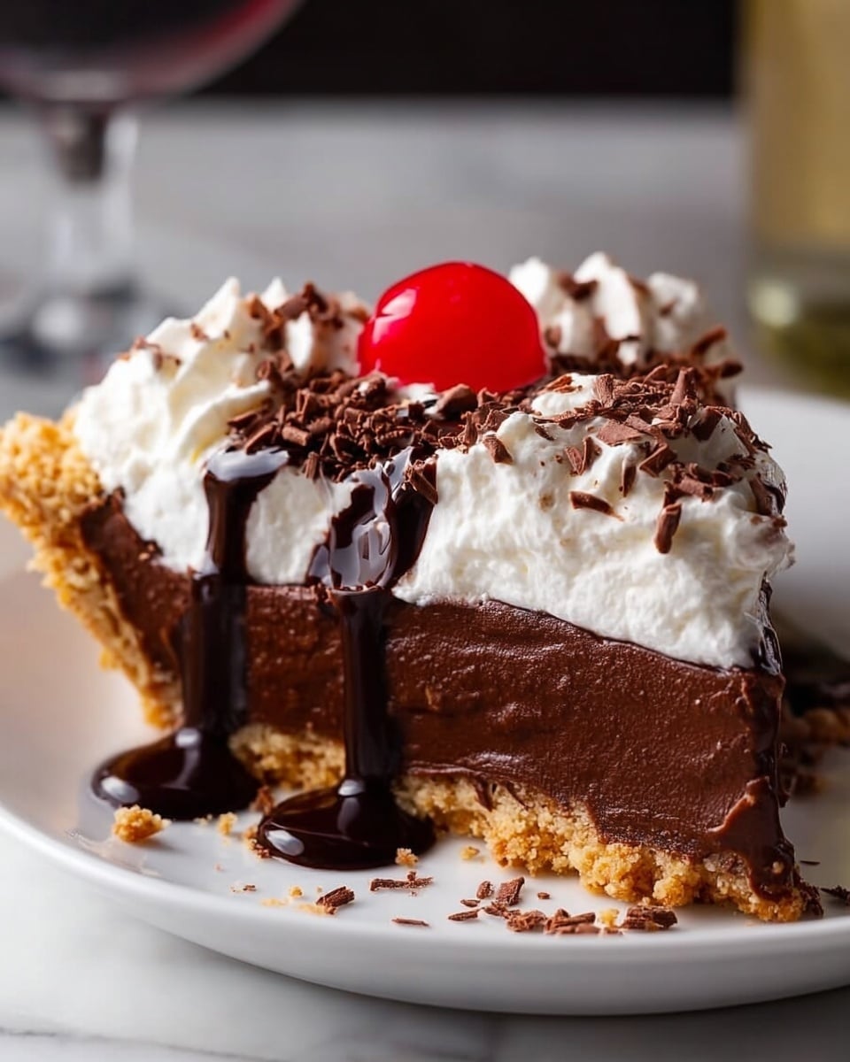 A pie in a white pie dish has three clear layers: the bottom layer is a light brown crumbly crust pressed along the sides, the middle layer is smooth, dark chocolate filling with thin lines of chocolate syrup drizzled across the top, and the top layer is a ring of white whipped cream piped around the edge. On top of the whipped cream, there are evenly spaced bright red cherries, each sitting on a whipped cream dollop, and small chocolate shavings sprinkled lightly over the whipped cream. The pie is placed on a white marbled surface. Photo taken with an iphone --ar 4:5 --v 7
