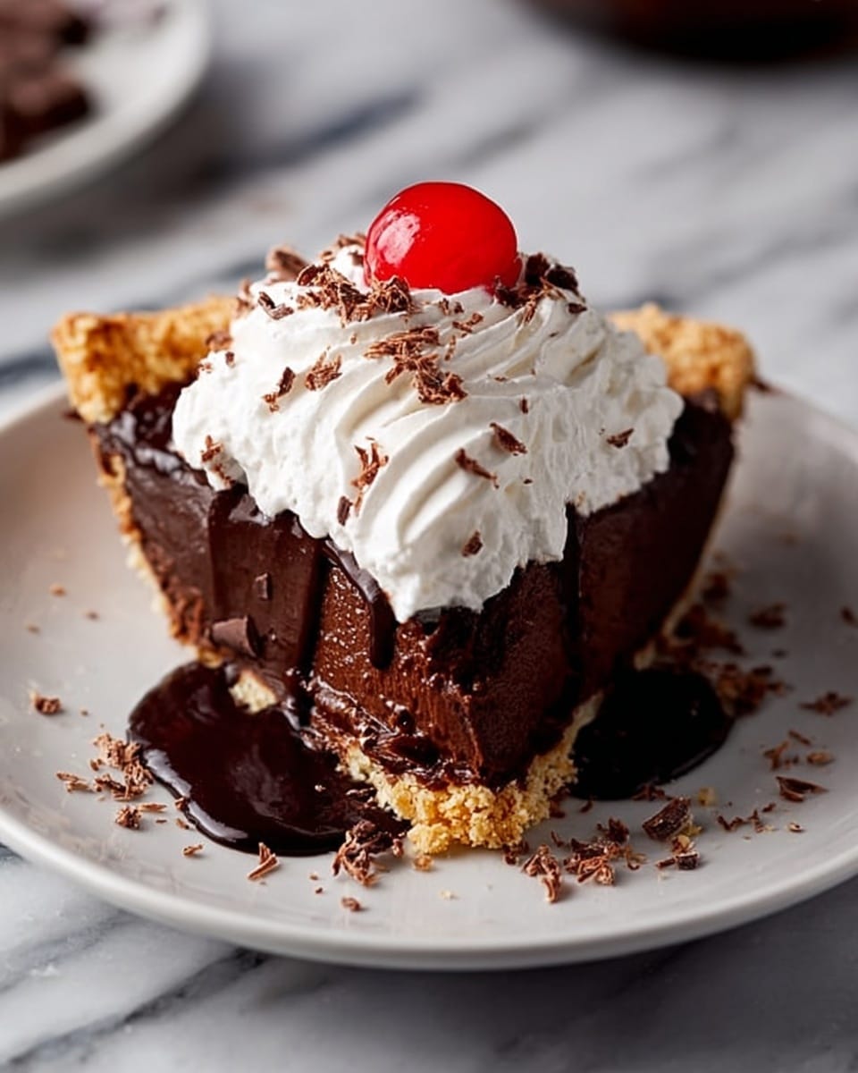 A slice of chocolate pie sits on a white plate. The pie has three layers: a crumbly golden crust at the bottom, a thick dark brown chocolate filling in the middle, and a swirl of white whipped cream on top. Chocolate sauce drips down the sides of the pie and pools on the plate. A bright red cherry sits in the center on top of the whipped cream. The plate rests on a white marbled surface with some small chocolate shavings around the pie. Photo taken with an iphone --ar 4:5 --v 7