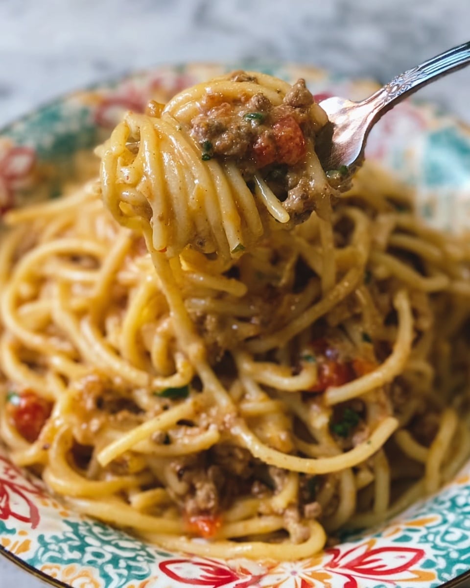 A close-up of spaghetti with a creamy sauce, showing thick noodles coated in a light brown sauce mixed with small pieces of ground meat and red bits of tomato, all held on a silver fork. The spaghetti is served in a white plate with a colorful patterned rim, sitting on a white marbled textured surface. The focus is on the fork holding the creamy pasta, with the rest slightly blurred behind. photo taken with an iphone --ar 4:5 --v 7