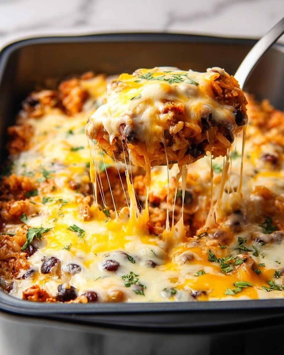 The image shows a close-up of a baked casserole with layers of melted yellow and white cheese on top, mixed with small pieces of rice, black beans, and bits of cooked meat visible throughout. The dish is garnished with chopped green herbs scattered over the surface. A spoon is lifting a scoop from the dish, with long strings of melted cheese stretching from the casserole. The casserole is in a black baking pan, placed on a white marbled surface. photo taken with an iphone --ar 4:5 --v 7