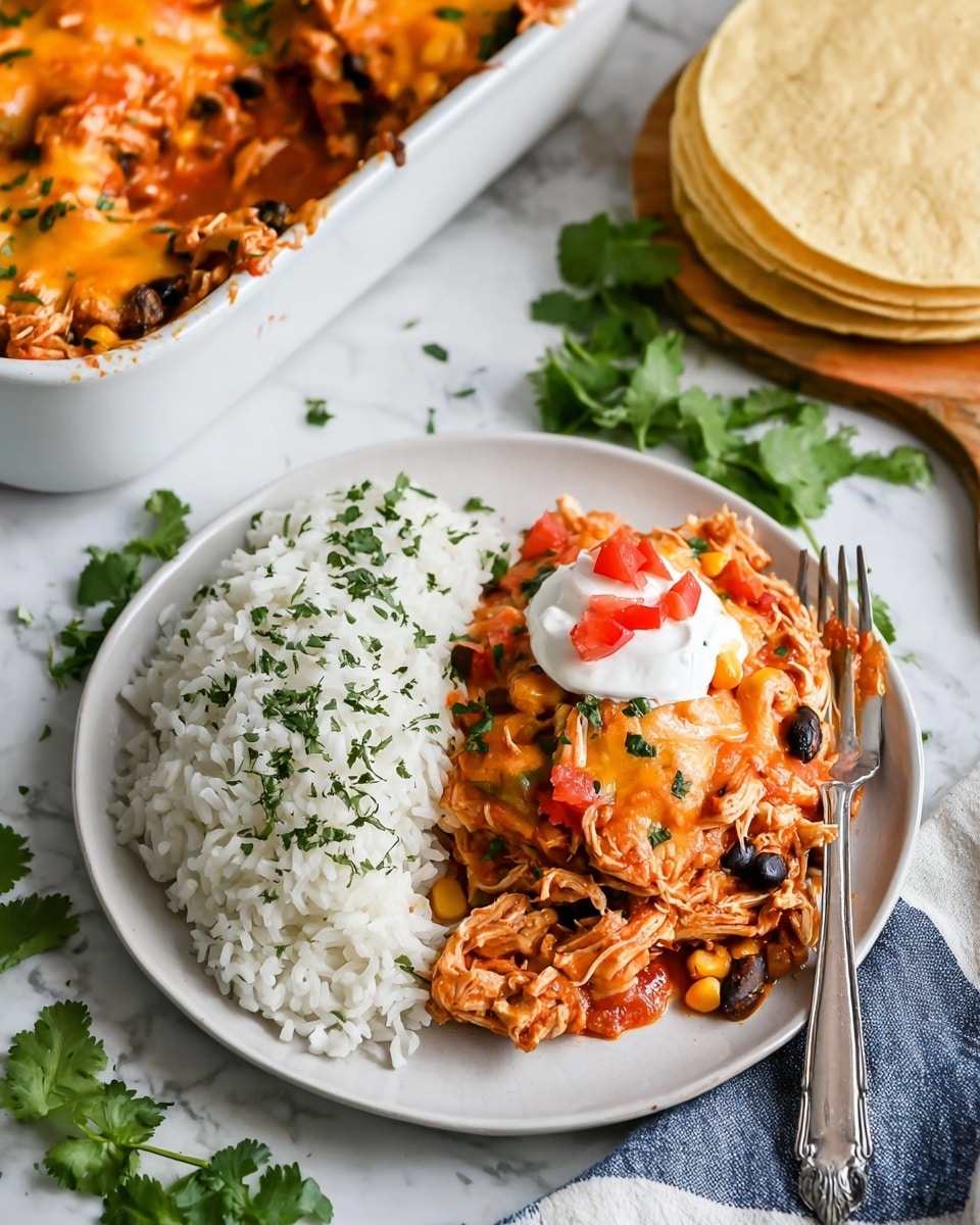 A white plate holds two main parts: on the left side, a mound of white rice sprinkled with chopped green herbs, showing soft, fluffy texture; on the right side, a colorful serving of a mixed dish with shredded chicken, black beans, corn, melted orange cheese, and red tomato pieces, topped with a dollop of white sour cream and small diced red tomatoes with a few bits of fresh green herbs. A silver fork rests on the right edge of the plate. Above the plate, part of a white dish filled with more of the same mixed food is visible, showing vibrant orange melted cheese and black beans. To the upper right, a small stack of light yellow corn tortillas sits on a wooden board. Fresh green cilantro leaves lie scattered on a white marbled surface around the plate, with a folded blue-striped cloth on the right. photo taken with an iphone --ar 4:5 --v 7