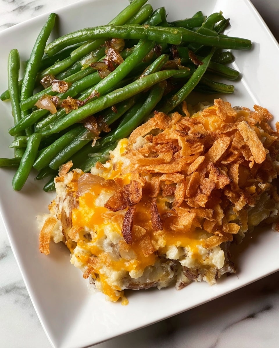 A square white baking dish filled with a baked casserole showing a single dense layer with mixed colors and textures; the base is creamy white with small soft white bits resembling cooked rice or potato, interspersed throughout with small brown bits of cooked meat and scattered thin strands of orange-yellow melted cheese, slightly browned along the edges of the dish, all held together in a moist but firm texture, sitting on a white marbled surface. photo taken with an iphone --ar 4:5 --v 7