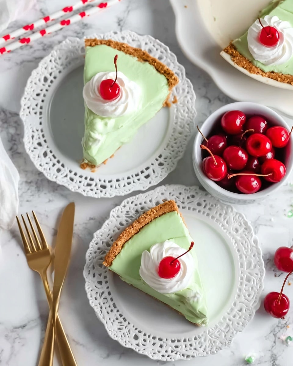 The image shows two slices of light green pie on white lace-edged plates, each pie slice topped with a dollop of white whipped cream and a bright red cherry on top. The pie has a golden brown crust at the bottom, with the green filling smooth and creamy. A white bowl filled with shiny red cherries sits nearby on a white marbled table. There are two gold forks placed next to a partly visible whole pie of the same green shade, along with two white and red polka dot straws on the table. The setting is bright, neat, and clean, with a white marbled surface underneath. Photo taken with an iphone --ar 4:5 --v 7