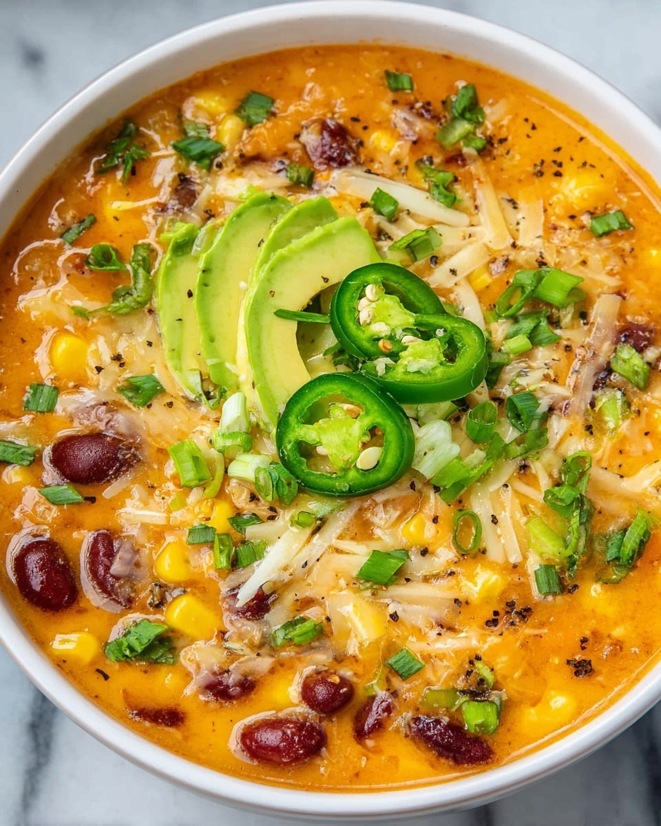 A white bowl filled with thick orange soup that has visible red beans, yellow corn, and shredded white cheese mixed in. On top, there is a fan of thin, sliced light green avocado placed in the center. Bright green sliced jalapeños and chopped green onions are sprinkled over the soup. Some black pepper is scattered on the surface. The bowl sits on a white marbled background. Photo taken with an iphone --ar 4:5 --v 7