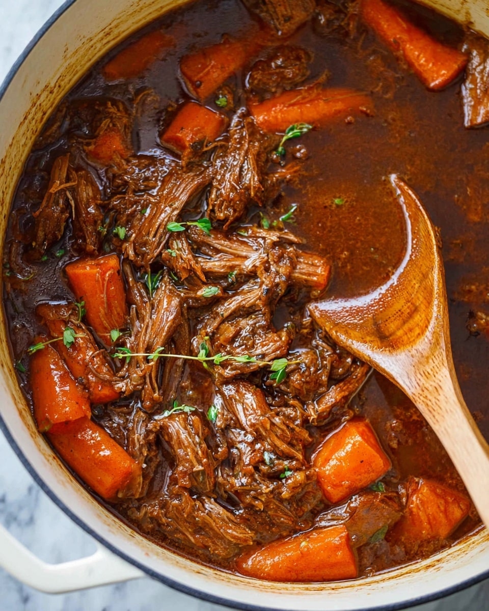 A close-up view of a blue round pot filled with a dark brown stew with two large pieces of browned meat in the center, surrounded by bright orange carrot chunks and fresh green herbs like thyme and bay leaves floating in a rich, glossy sauce. The inside of the pot is white, showing some sauce stains, and the pot is on a wooden surface. photo taken with an iphone --ar 4:5 --v 7