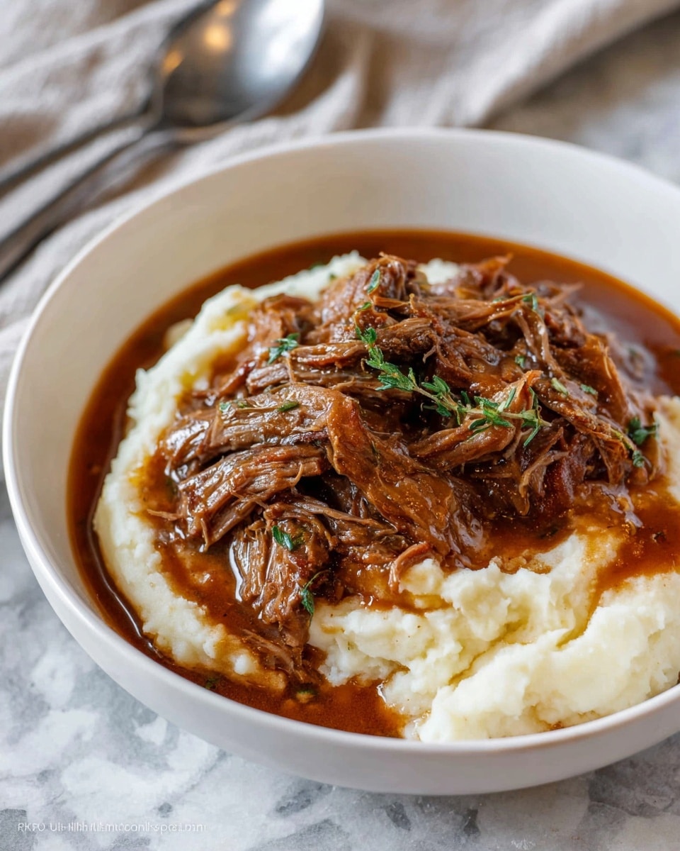 A white pot filled with a rich brown stew containing large pieces of tender shredded meat and thick orange carrot chunks, all soaked in a glossy, savory sauce. A wooden spoon is scooping the stew from the right side of the pot. Small green herb sprigs are scattered in the stew, adding a fresh touch. The pot rests on a white marbled surface. photo taken with an iphone --ar 4:5 --v 7