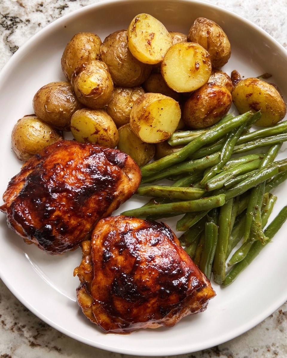 A white round plate with two pieces of dark reddish-brown glazed chicken thighs on the left side that look juicy and slightly charred. To the right of the chicken, there are crispy golden-brown small roasted potatoes mixed with green beans. The green beans are bright green and slightly shiny, placed on the top right and scattered among the potatoes. The background is a white marbled surface. photo taken with an iphone --ar 4:5 --v 7