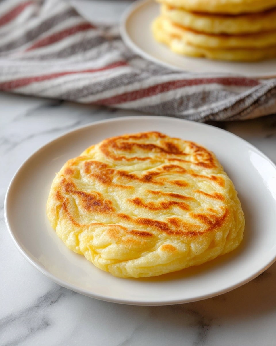 A single golden-yellow flatbread with light brown grill marks sits on a smooth white plate. The flatbread is slightly puffed with wavy textures on the top layer and has a soft, fluffy look. In the background, there is a stack of similar flatbreads and a striped cloth in gray, white, and reddish colors, all resting on a white marbled surface. The scene is lit softly, showing the warm tones and textures of the bread clearly. photo taken with an iphone --ar 4:5 --v 7