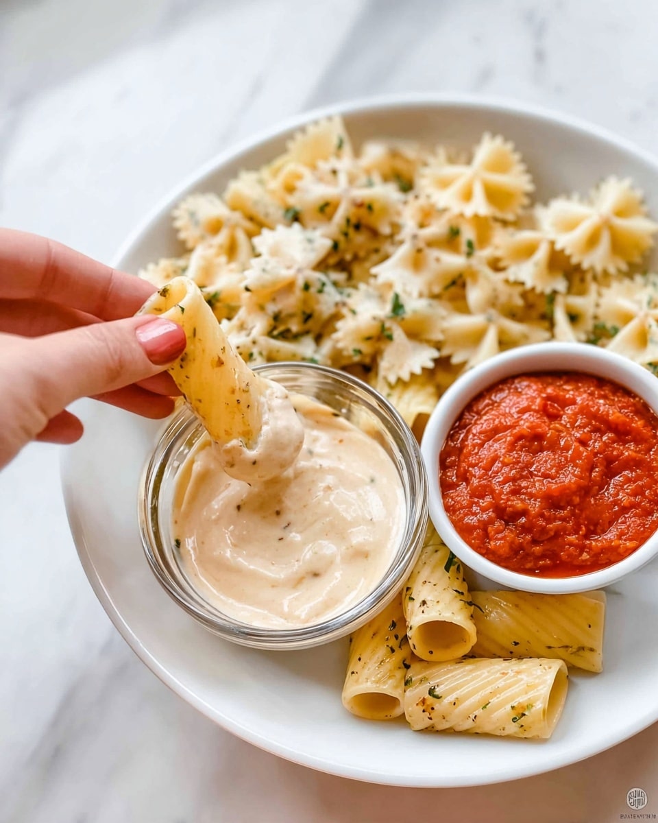 A white plate with three sections filled with different shapes of pasta: rigatoni, bowtie, and ziti, all cooked and seasoned with herbs. The rigatoni in the woman's hand is dipped in a creamy, light beige sauce in a small clear glass bowl placed on the plate. Next to it, a small white bowl holds bright red marinara sauce with a chunky texture. The plate sits on a white marbled surface. photo taken with an iphone --ar 4:5 --v 7