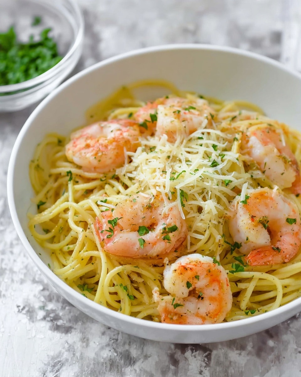 A white bowl filled with a base layer of yellow spaghetti pasta, topped with several large, pink cooked shrimp scattered evenly on the noodles. Over the shrimp and pasta, there is a light sprinkle of shredded pale yellow cheese and small pieces of fresh green herbs, likely parsley, adding contrast to the dish. The bowl is placed on a white marbled surface with a blurred bowl of ingredients in the background. Photo taken with an iphone --ar 4:5 --v 7
