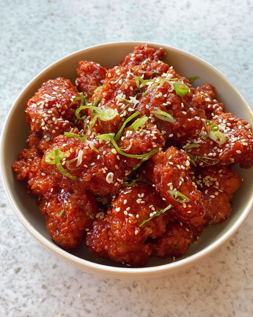 A white bowl full of crispy fried chicken pieces covered in bright red sauce, layered thickly and topped with scattered white sesame seeds and small slices of green onion. The chicken pieces have a slightly rough and crispy texture under the sauce, packed closely together. The bowl sits on a white marbled surface. photo taken with an iphone --ar 4:5 --v 7