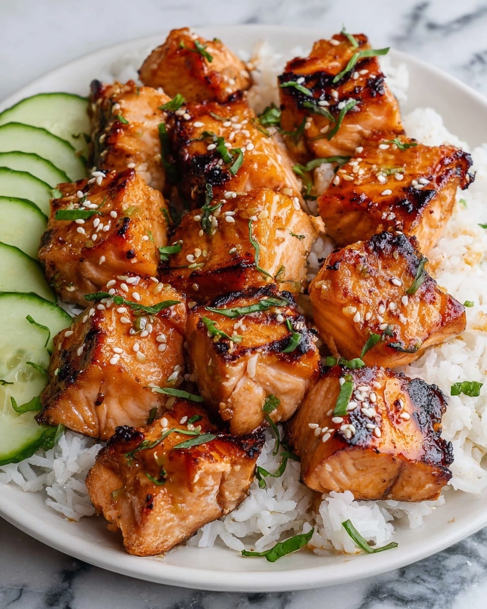 A white plate holds a bed of white rice as the base layer, topped with multiple pieces of golden-brown grilled salmon chunks that have a slightly shiny glaze. Each salmon piece shows a mix of light and darker brown grill marks. Small white sesame seeds are sprinkled over the salmon, and tiny green herb leaves are scattered over the top for color contrast. A few slices of green cucumber are visible on the side of the plate. The plate sits on a white marbled surface. photo taken with an iphone --ar 4:5 --v 7