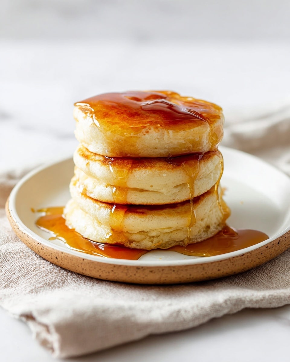A stack of three thick, fluffy pancakes with golden-brown edges is placed in the center of a white plate. The top pancake is covered with amber syrup that slowly drips down the sides, pooling slightly at the base. The plate sits on a light beige cloth, all set against a white marbled surface and a blurred neutral background. Photo taken with an iphone --ar 4:5 --v 7