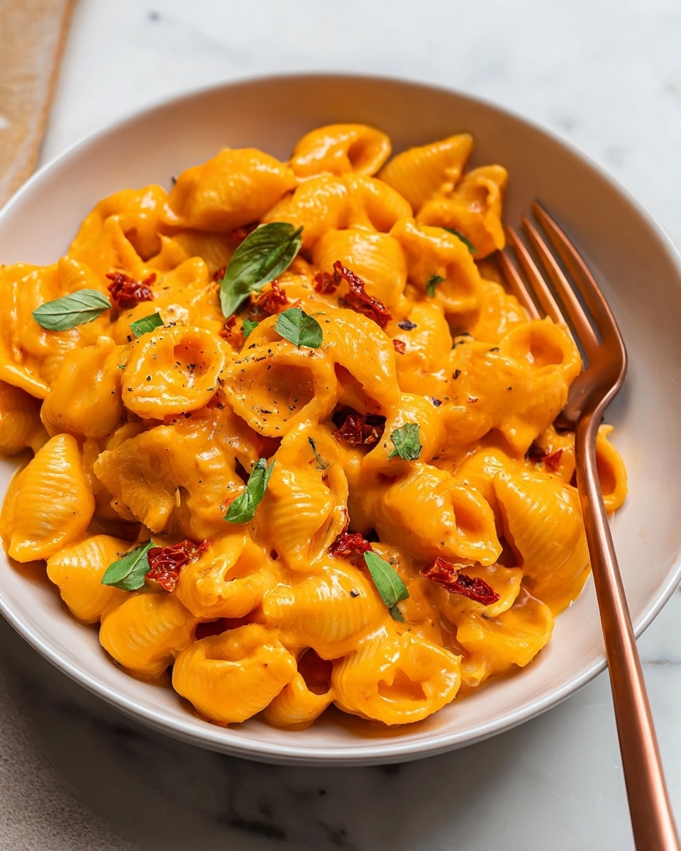 The image shows a white bowl filled with shell pasta covered in a thick, bright orange sauce. The pasta shells are plump and glossy, sitting in layers of creamy velvety sauce. Small pieces of red sun-dried tomatoes and fresh green basil leaves are scattered on top, adding color contrast. A copper fork is placed inside the bowl on the right side, with the tip slightly inside the pasta. The bowl is set on a white marbled surface. photo taken with an iphone --ar 4:5 --v 7