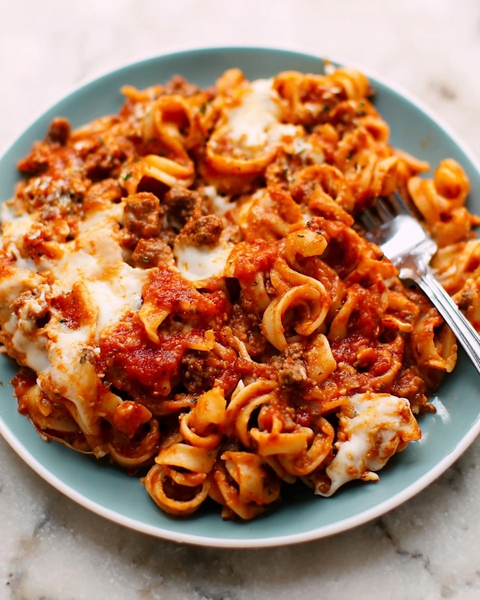A plate with a pile of cooked pasta mixed with chunky red tomato sauce and scattered bits of white cheese melted across the top, with some browned meat pieces blended into the pasta and sauce. The pasta is swirled, with many small curls covered in sauce, making a mix of red, white, and brown colors. A silver fork is poking into the food from the top right side, and the plate is white, sitting on a white marbled surface. The image has a close-up view, showing the soft texture of the melted cheese and sauce on the pasta. Photo taken with an iphone --ar 4:5 --v 7