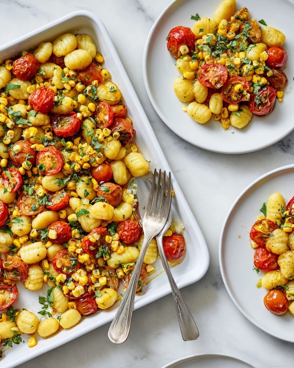 A white baking tray holds a mix of small yellow gnocchi, bright yellow corn kernels, and halved red cherry tomatoes, all scattered unevenly with some bits of green herbs sprinkled on top. Next to the tray are two white plates, each with a similar portion of the colorful mix, showing the contrast between the yellow gnocchi and corn, the red tomatoes, and the green herbs. On one plate, a silver fork rests on the side, ready to eat. The background and surface are white with a soft marbled texture. Photo taken with an iphone --ar 4:5 --v 7