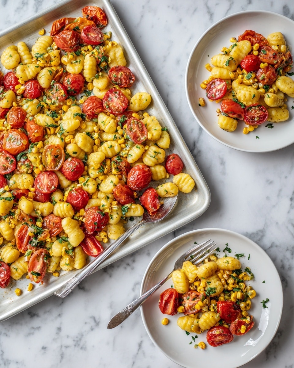 A close-up view of a white baking tray lined with lightly browned parchment paper, filled with small golden-brown gnocchi mixed with bright red cherry tomatoes, chickpeas, and yellow bell pepper pieces. The dish is garnished with green fresh basil leaves and sprinkled with shredded white cheese. A silver fork is placed inside the tray among the gnocchi and vegetables. The tray sits on a white marbled surface with some basil leaves scattered around. Photo taken with an iphone --ar 4:5 --v 7