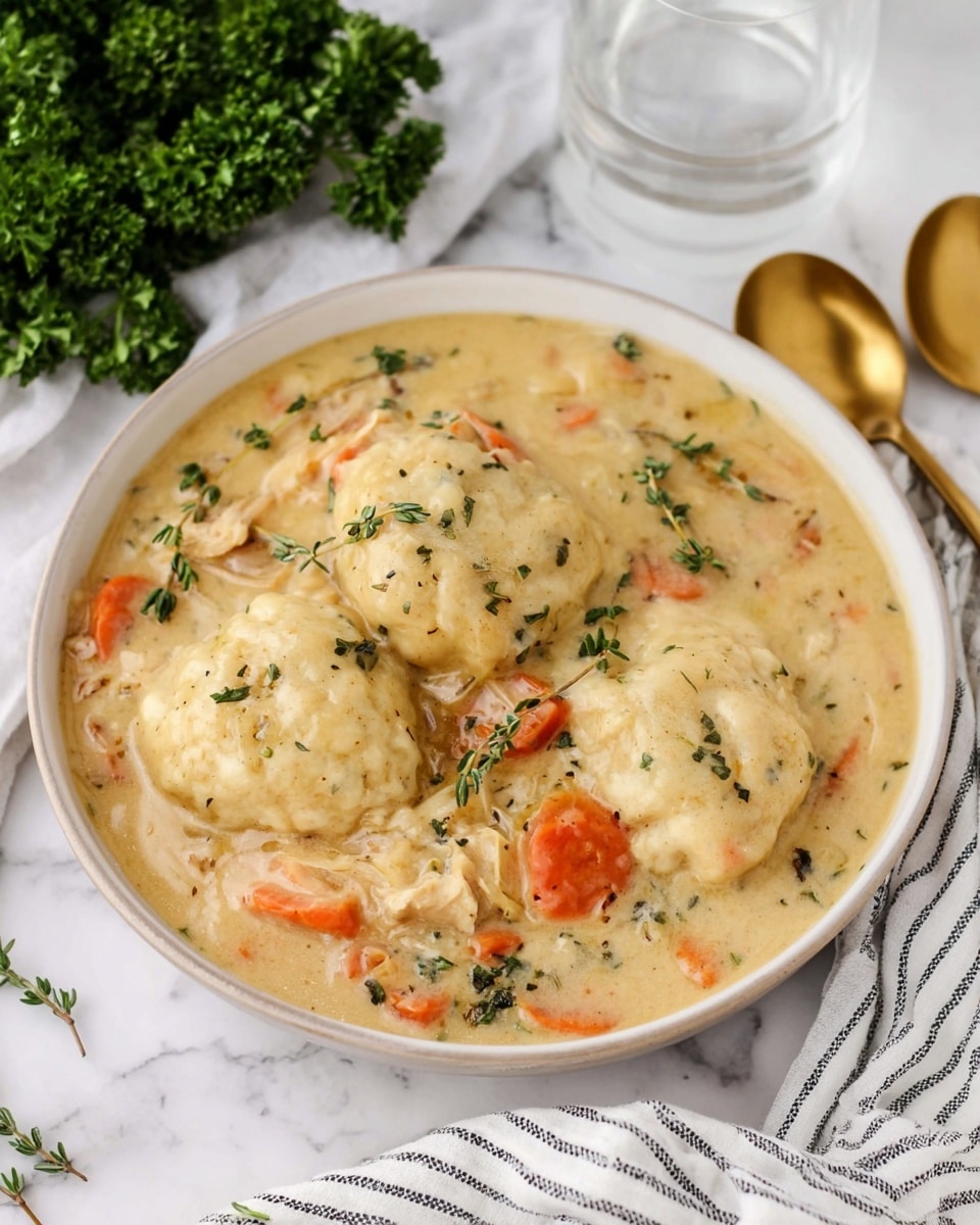 A red pot filled with a creamy soup showing a top layer of nine soft, round dumplings that are light beige in color and textured. The soup is pale yellow with small herbs floating, and fresh green thyme sprigs lie across the dumplings. The pot sits on a white marbled surface with a white cloth with black stripes beside it. Three shiny gold spoons are near the pot, and behind it, there is a bunch of fresh green herbs. photo taken with an iphone --ar 4:5 --v 7