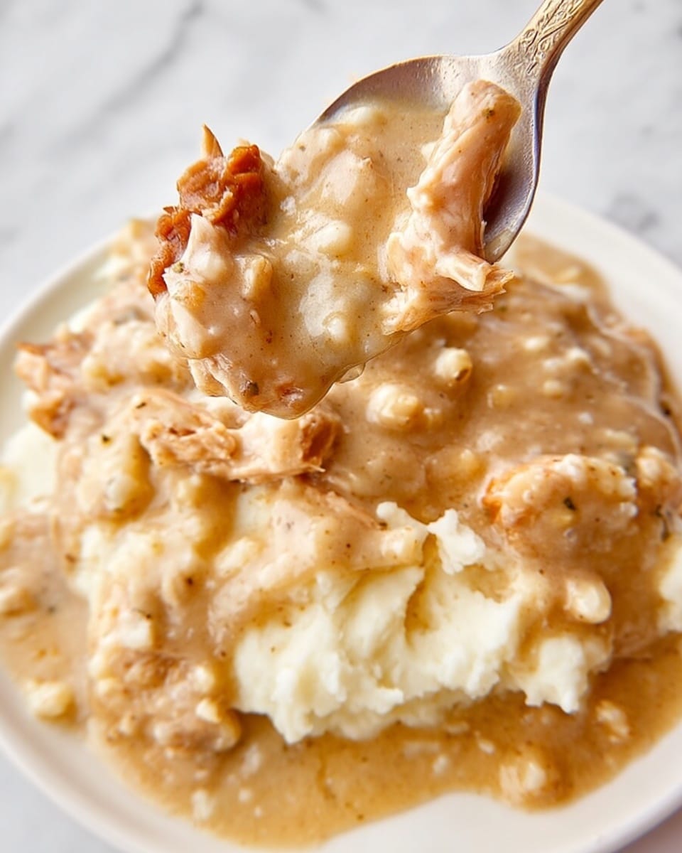The image shows a close-up of a spoonful of creamy beige sauce with small bits floating in it, mixed with light tan pieces of soft textured food that look tender and fibrous. Below the spoon, there is a white plate holding a base layer of mashed potatoes, which are smooth and pale with a soft texture. On top of the mashed potatoes, there is a generous layer of sauce and larger chunks of the light tan fibrous pieces, creating a thick and creamy appearance overall. The whole dish sits on a white marbled surface. Photo taken with an iphone --ar 4:5 --v 7