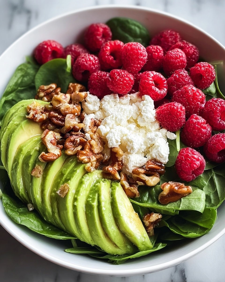 A white bowl filled with fresh spinach leaves forms the first layer, dark green and textured with veins. On one side, there is a neat fan of bright green avocado slices with smooth, creamy texture. Scattered over the spinach are bright red raspberries, round and plump with tiny seeds. In the center, there is a mound of white crumbly cheese surrounded by a generous sprinkle of brown walnut pieces, adding a rough texture contrast. The bowl sits on a white marbled surface. Photo taken with an iphone --ar 4:5 --v 7