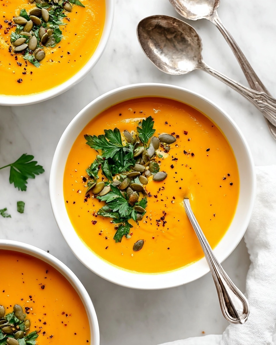 A white bowl filled with smooth bright orange soup, topped with one layer of green parsley leaves and pumpkin seeds scattered over the center, sprinkled with small black pepper flakes. A silver spoon rests inside the bowl on the right. The bowl sits on a white marbled surface with parts of two other white bowls with the same soup visible at the edges. Two silver spoons are placed above the main bowl, and a white cloth napkin is partly visible on the right side. Photo taken with an iphone --ar 4:5 --v 7