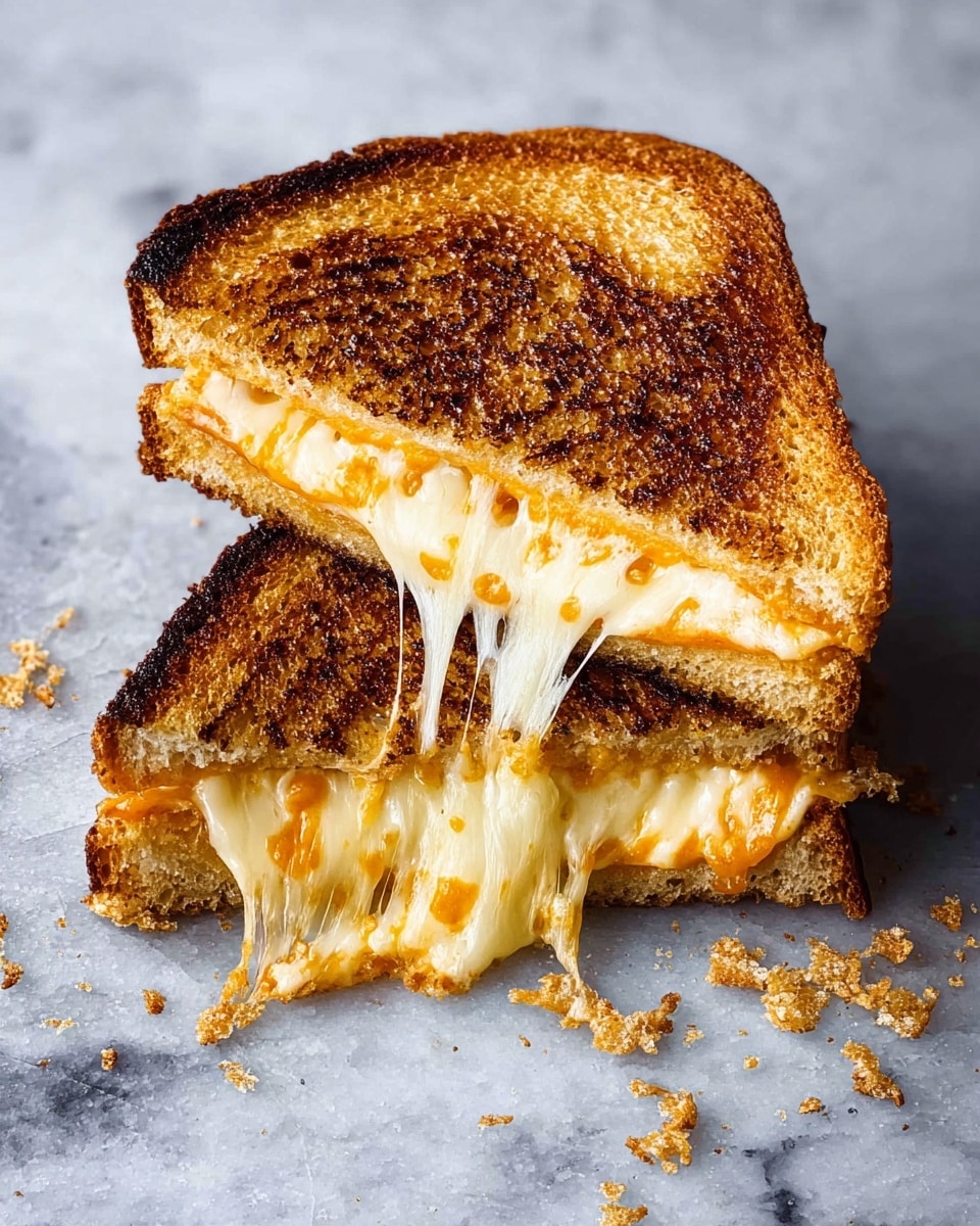 A white round plate holds a grilled sandwich cut in half and stacked with the halves slightly shifted. Each sandwich half has two layers of golden toasted bread with a crispy texture on the outside. Between the bread layers, there is a thick, bright orange melted cheese filling that is soft and slightly flowing out from the edges. The plate is set on a wooden surface, and in the background, there is a light green tiled wall and a clear glass of water. Photo taken with an iphone --ar 4:5 --v 7