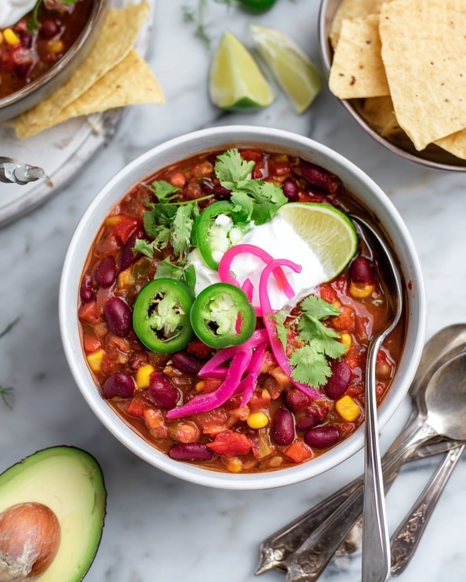 A white bowl filled with colorful bean chili showing layers of red kidney beans, light brown beans, corn, and red bell pepper pieces in a rich sauce. On top of the chili is a white dollop of sour cream, thin green jalapeño slices, a thin lime slice, a swirl of pink pickled onions, and fresh green cilantro leaves. The bowl sits on a white marbled surface with a metal spoon inside. Around the bowl are white tortilla chips and a half avocado with a brown seed visible. Two silver spoons lie next to the bowl. photo taken with an iphone --ar 4:5 --v 7
