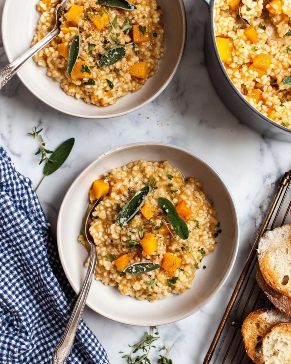 The image shows two white shallow bowls on a white marbled surface, each filled with a creamy risotto made of small grains mixed with orange chunks of squash or pumpkin. The risotto is garnished with fresh sage leaves and small green herbs scattered on top. One bowl has a fork resting inside, and nearby there is a white pot filled with more of the same risotto. A blue and white checkered cloth is placed to the left, and to the right, there is a metal rack holding toasted white bread slices. Photo taken with an iphone --ar 4:5 --v 7