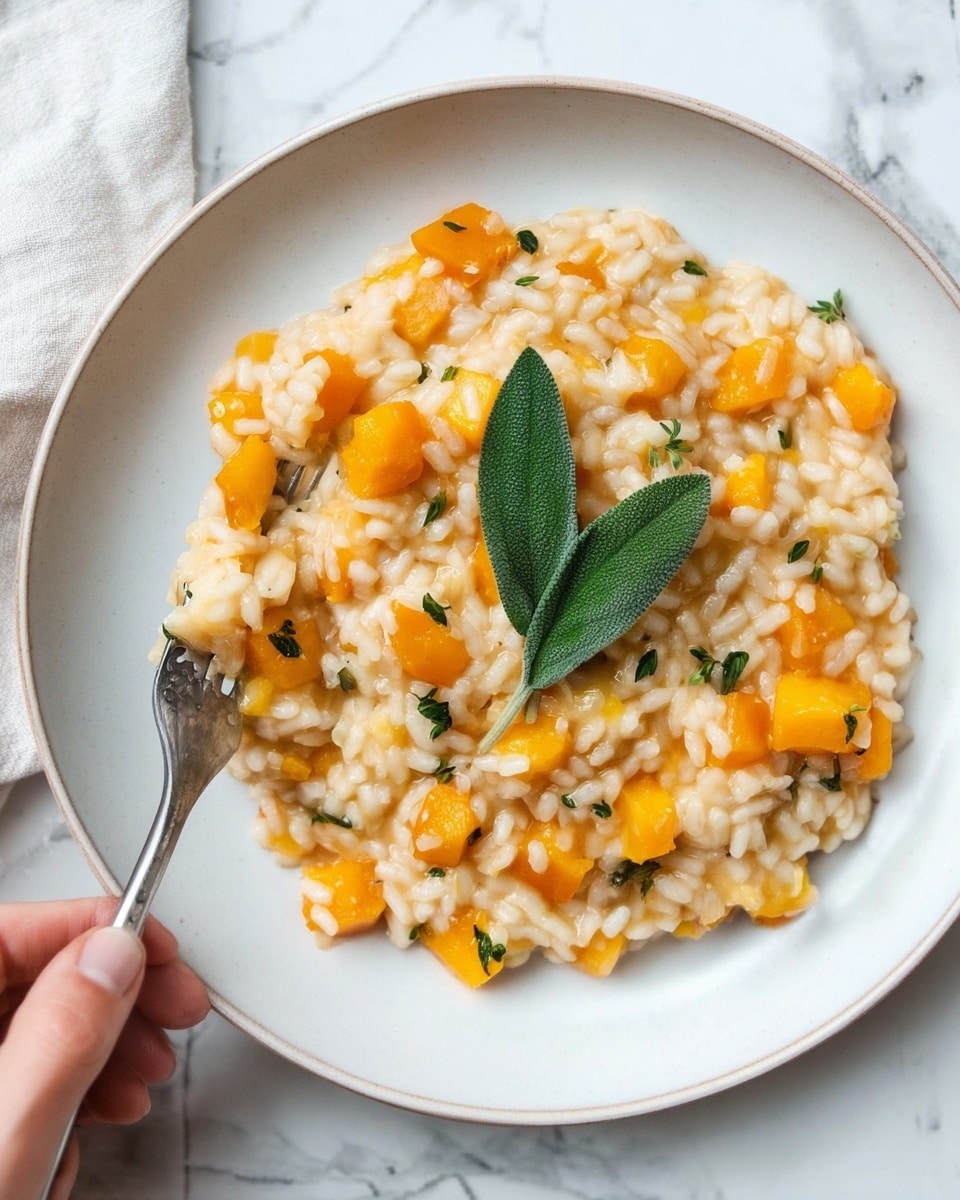 A white plate holds a creamy risotto with bright orange cubes of squash evenly mixed throughout the creamy rice, creating a warm, soft texture. On top, three fresh sage leaves with soft green color sit slightly tilted, adding a touch of freshness and contrast. Around the dish, small green herb pieces are scattered lightly, enhancing the look with a bit of color. A silver fork rests in the risotto near the edge of the plate, with a woman's hand holding it gently. The background is a white marbled surface, which adds a clean and simple feeling to the image. photo taken with an iphone --ar 4:5 --v 7