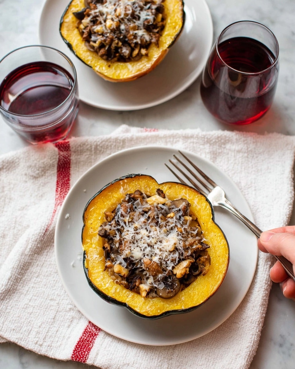 A white plate with a half of roasted pumpkin filled with dark brown cooked minced meat and small pieces of nuts, topped with a light dusting of white shredded cheese, sitting on a white marbled surface. The pumpkin skin is dark orange with a slightly rough texture, and the inside is bright yellow-orange and soft. The filling is piled high in the pumpkin half, showing a mix of textures from chewy to crunchy. Photo taken with an iphone --ar 4:5 --v 7