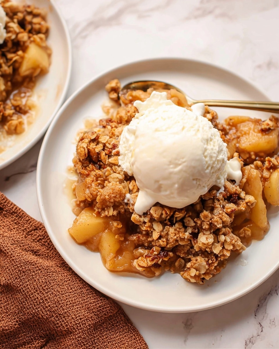 The image shows a white plate with a serving of apple crumble dessert. The bottom layer is soft cooked apple pieces in a warm golden color mixed with light brown sauce. On top, there is a thick crumbly layer with a mix of brown granola-like bits and oats adding a rough texture. The dessert is topped with a large scoop of smooth white ice cream, slightly melting over the crumble. A spoon is partially visible in the dessert. The plate sits on a white marbled surface with a brown textured cloth on the side. Photo taken with an iphone --ar 4:5 --v 7