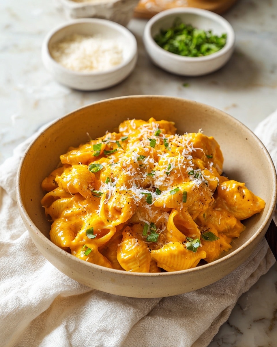 A bowl of creamy orange-colored pasta with a thick sauce, topped with white grated cheese and small green herb pieces scattered on top. The pasta shapes are shell-like and fully coated in the smooth sauce. The bowl is beige and sits on a soft white cloth. Two small white bowls with grated cheese and green herbs are placed behind the pasta bowl on a white marbled surface. Photo taken with an iphone --ar 4:5 --v 7
