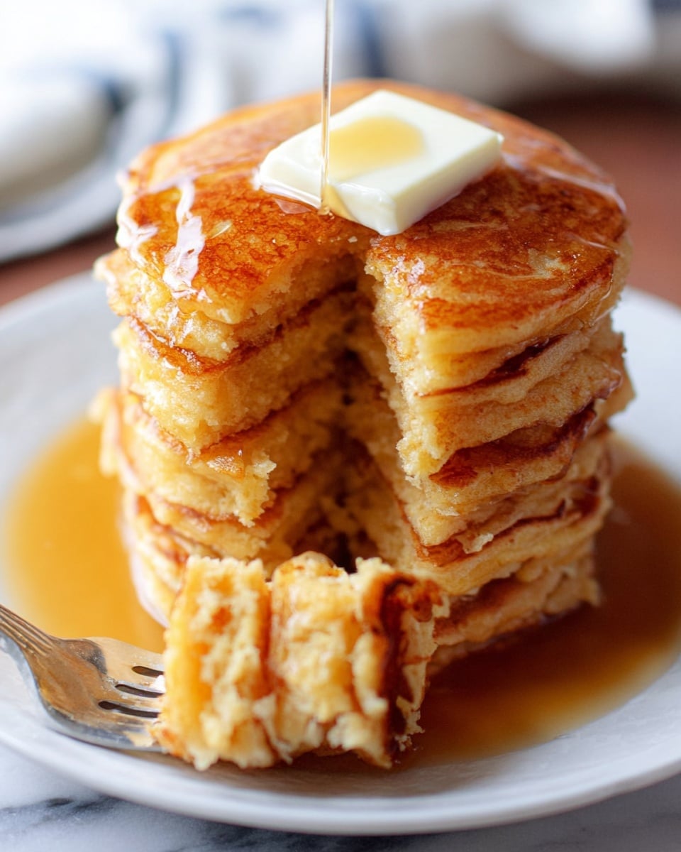 A tall stack of seven golden brown pancakes sits on a white plate with syrup spread on the plate around the base. On top of the stack, a square piece of butter is melting and spreading over the pancakes. In the foreground, a fork holds a piece of the pancakes with syrup and butter on it, showing the soft, fluffy texture. The background has a white marbled surface. photo taken with an iphone --ar 4:5 --v 7