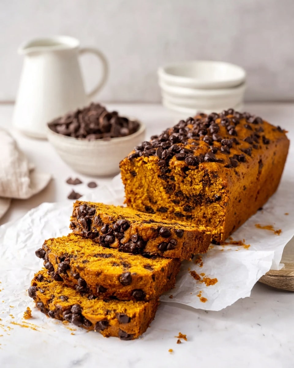A loaf cake sits on a piece of white parchment paper on a white metal cooling rack, which is placed over sheets of old music paper on a white marbled surface. The cake is tall and rectangular with a golden-brown crust covered in many small dark chocolate chips, especially on the top, creating a textured layer. The sides of the cake are smooth with fewer chips. To the left of the cake, there is a serrated knife with a dark wooden handle resting on the parchment paper, and scattered chocolate chips lie on the surface around the cake. In the background, a white pitcher and stacked white cups add to the soft, light setting. Photo taken with an iphone --ar 4:5 --v 7