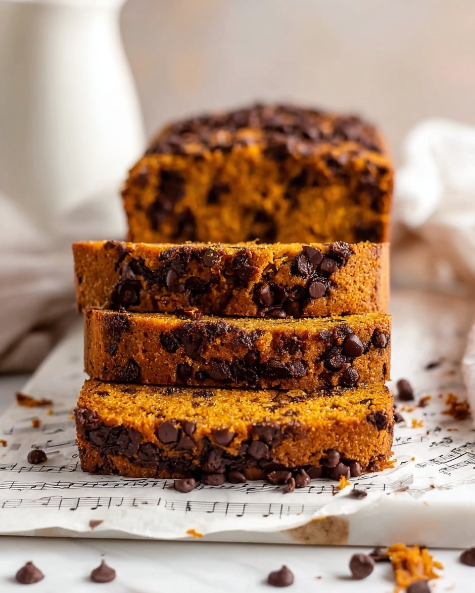 The image shows three slices of pumpkin chocolate chip bread stacked on a white marbled surface with pieces of music sheet paper underneath. Each slice has a soft orange-brown texture with many dark brown chocolate chips unevenly spread throughout and on top, giving a rich look. The bread has a slightly rough crust with chocolate chips stuck around the edges, and the slices are thick, showing the dense and moist inside. Some chocolate chips and crumbs are scattered casually around the slices. The background is softly blurred with a white pitcher and some white cloth in warm natural light. photo taken with an iphone --ar 4:5 --v 7