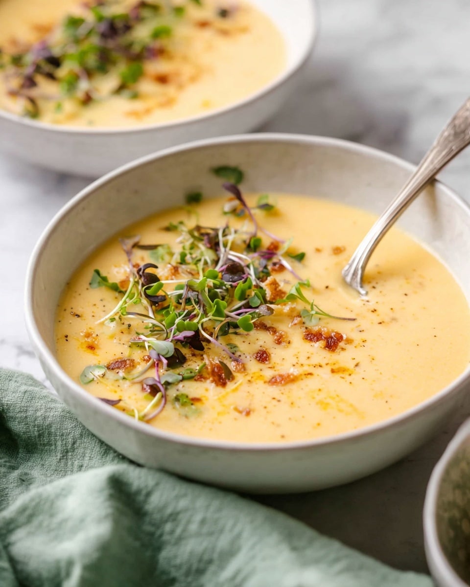 Three white bowls filled with smooth, creamy yellow soup are shown from a top view. Each bowl has a few small green and purple microgreens scattered on the surface along with tiny brown crunchy bits sprinkled unevenly. Two vintage silver spoons rest inside two of the bowls, partially covered by the soup. The bowls are placed on a white marbled surface with some microgreens scattered around. A soft, light green cloth is partly visible under the top left bowl. The overall look is fresh and inviting, with a light and simple color palette. photo taken with an iphone --ar 4:5 --v 7