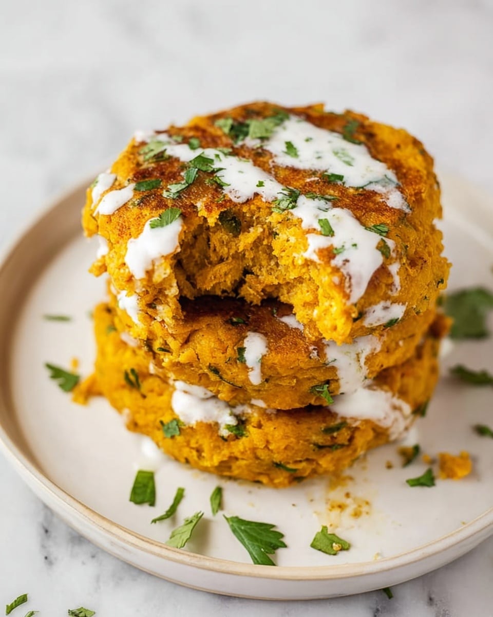 The image shows a stack of three thick, golden-orange patties with visible green herbs mixed in, placed on a white plate. The top patty has a small bite taken out, revealing a soft, crumbly inside with the same orange color and herbs. White sauce with green herb flecks is drizzled on the top two patties, adding contrast. Small pieces of green cilantro are sprinkled on and around the stack. The plate sits on a white marbled surface, giving a clean and fresh background. photo taken with an iphone --ar 4:5 --v 7