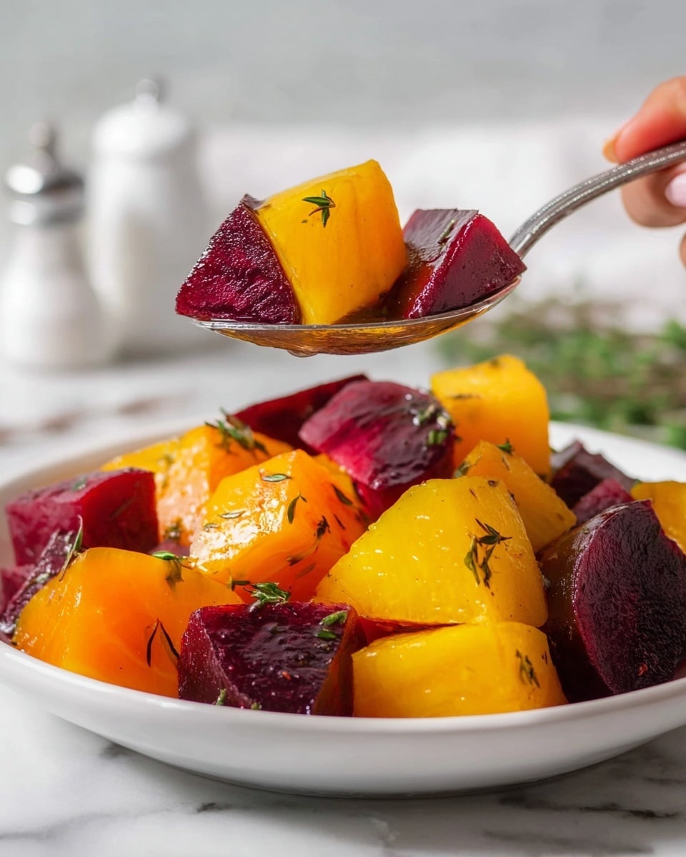 The image shows a white plate filled with large chunks of roasted golden and red beets. The golden beet pieces are bright yellow-orange with a smooth texture and small sprigs of green herbs on top. The red beet pieces are deep maroon with a glossy surface and also have tiny green herb bits scattered. A silver spoon holds a few cubes of both golden and red beets, lifting them above the plate, with a woman's hand holding the spoon. The background is a white marbled surface with a blurred white salt and pepper shaker set in the distance. The lighting highlights the vibrant colors and juicy texture of the beets. photo taken with an iphone --ar 4:5 --v 7