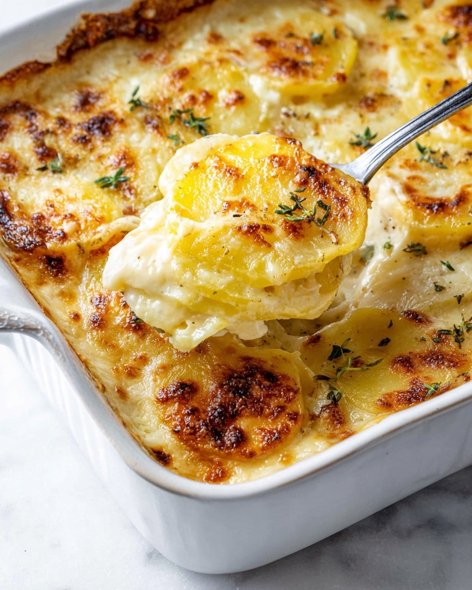 A white baking dish filled with layers of thin, soft yellow potato slices cooked in creamy white cheese sauce, topped with a browned, bubbly golden cheese crust sprinkled with small green herb leaves. A silver spoon inside the dish lifts a scoop showing visible cheesy, smooth layers with well-cooked potatoes underneath the crispy top. The dish rests on a white marbled texture surface photo taken with an iphone --ar 4:5 --v 7
