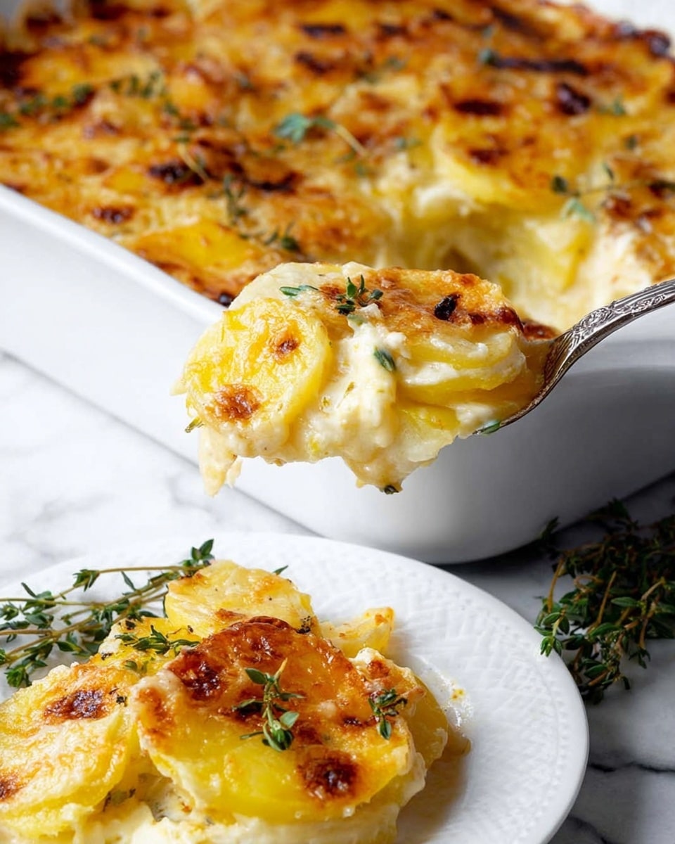 The image shows a white baking dish filled with a golden brown potato gratin that has a crispy top layer with browned cheese and small green thyme leaves scattered on top. A silver spoon is lifting a portion, revealing several soft yellow potato slices layered with creamy white sauce inside. In the foreground, a white plate holds a serving of the same gratin with visible potato layers and melted cheese, resting on a white marbled surface with sprigs of thyme nearby. photo taken with an iphone --ar 4:5 --v 7