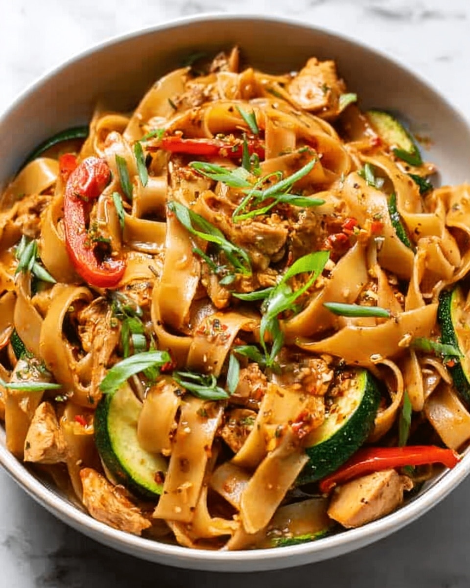 A white bowl filled with wide, flat noodles that are light brown, mixed with small pieces of cooked chicken in a light golden color. The dish also contains sliced green zucchini, thin red and green bell pepper strips, and chopped green onions scattered on top. The noodles and vegetables are coated in a glossy sauce, giving a shiny look. There are small bits of seasoning sprinkled on the dish, adding texture and color contrast. The bowl rests on a white marbled surface. Photo taken with an iphone --ar 4:5 --v 7