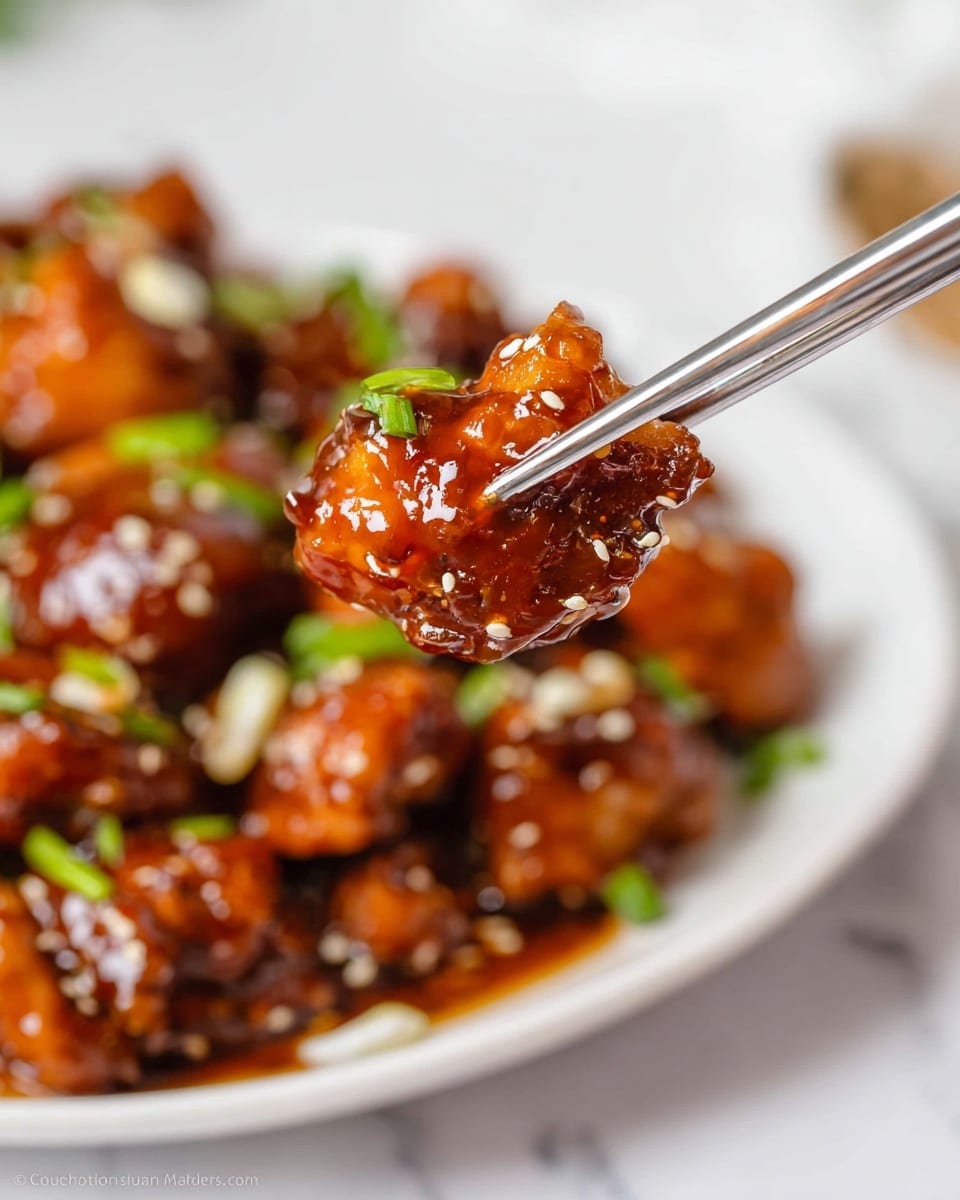 A close-up shot shows a single piece of glossy, dark orange glazed chicken with sesame seeds and small green onion pieces, held by a pair of silver chopsticks. In the background, a white plate is filled with more pieces of the same glazed chicken, covered in the shiny sauce and garnished with green onions. The scene is set on a white marbled surface. Photo taken with an iphone --ar 4:5 --v 7