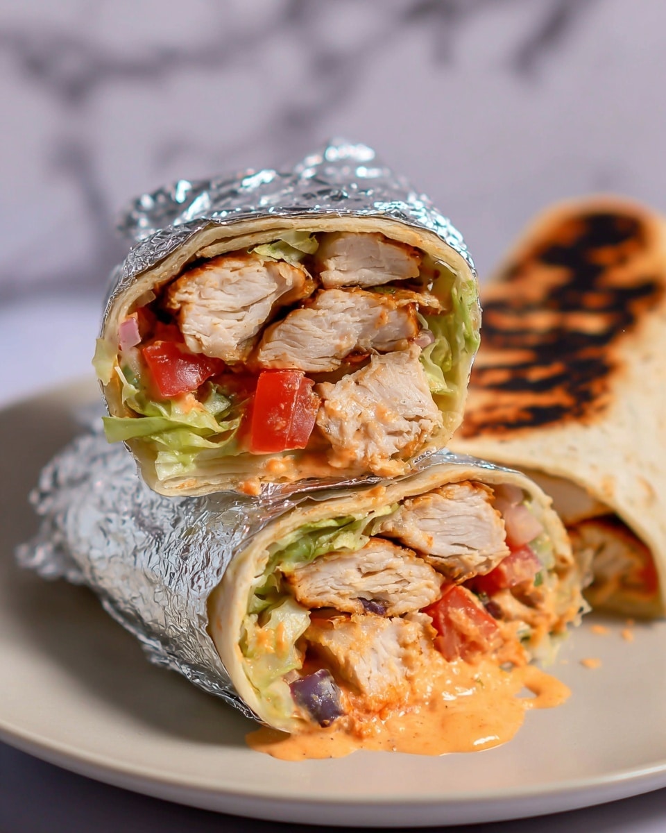 The image shows two halves of a wrap stacked on each other, with shiny silver foil wrapping the top part. The wrap contains layered pieces of light brown cooked chicken, bright red tomato chunks, pale green lettuce, and bits of black olives, all covered with a creamy orange sauce. The wraps sit on a white plate with another whole wrap, which is toasted with a dark brown charred texture on one side. The background has a white marbled texture. photo taken with an iphone --ar 4:5 --v 7