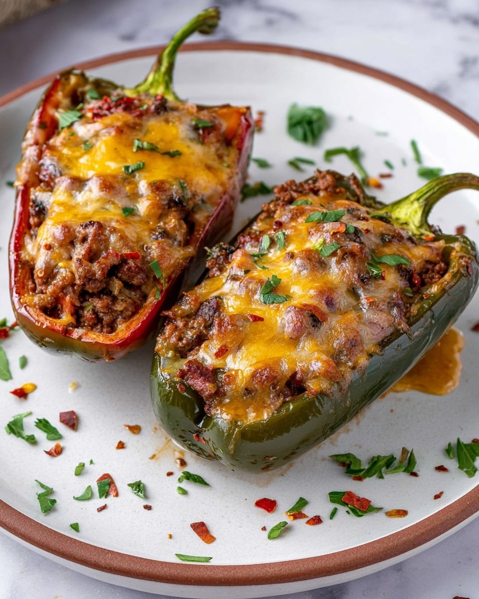 Two stuffed pepper halves sit on a white plate with a brown rim, placed on a white marbled surface. Each pepper half is filled with a layer of cooked ground meat mixed with small pieces of vegetables, topped with melted, browned cheese that covers the filling fully, showing a golden and slightly crispy texture. The pepper colors are deep red and green, with the stems still attached. The plate is garnished with chopped fresh green herbs and red chili flakes scattered around the peppers. Photo taken with an iphone --ar 4:5 --v 7