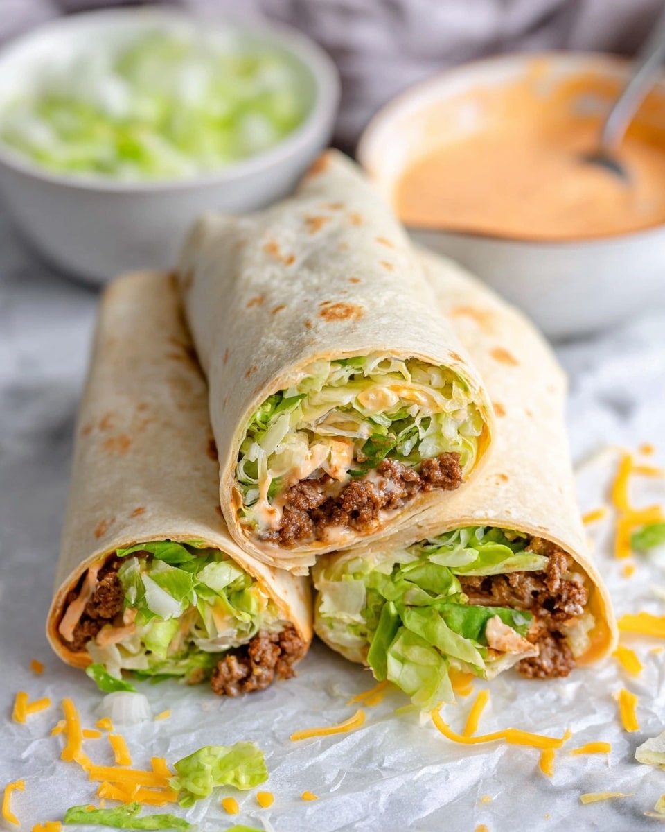 Three wraps are stacked on white parchment paper over a white marbled surface with one wrap resting on the other two. Each wrap is made of a soft, light beige tortilla filled with visible layers of bright green lettuce, a creamy orange sauce, ground brown meat, and shredded yellow and white cheese. Bits of lettuce and cheese are scattered around the wraps. In the blurry background, there are two white bowls, one filled with chopped white onions and the other with extra orange sauce, with a spoon inside. Photo taken with an iphone --ar 4:5 --v 7