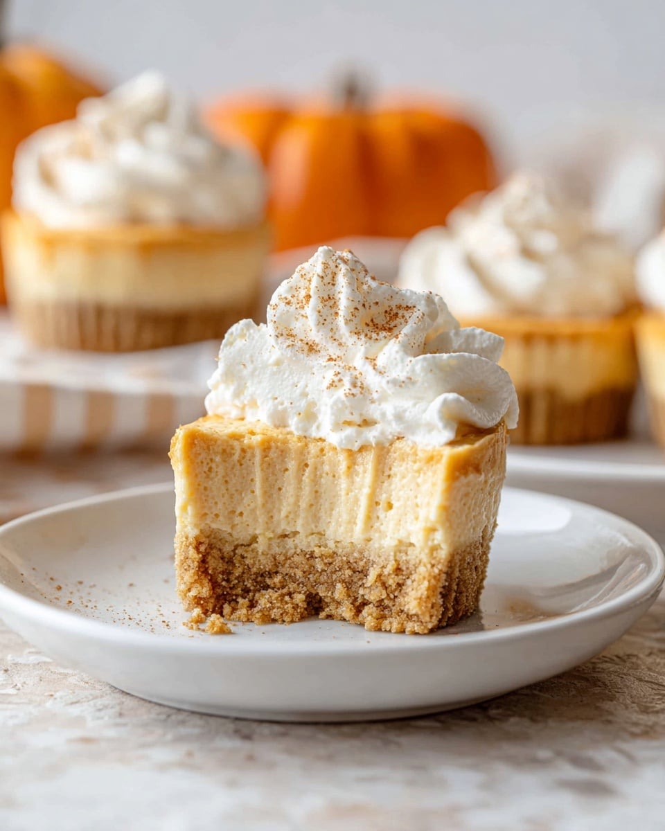 A small dessert sits on a white plate with a white marbled surface underneath. It has three visible layers: a thick bottom crust that is light brown and looks crumbly, a middle creamy layer in light orange with a smooth texture, and a top layer of white whipped cream with soft peaks sprinkled lightly with brown spice. The dessert is partly eaten, showing its inside texture. In the background, there are blurred similar desserts and a small orange pumpkin, all set on the white marbled surface. photo taken with an iphone --ar 4:5 --v 7