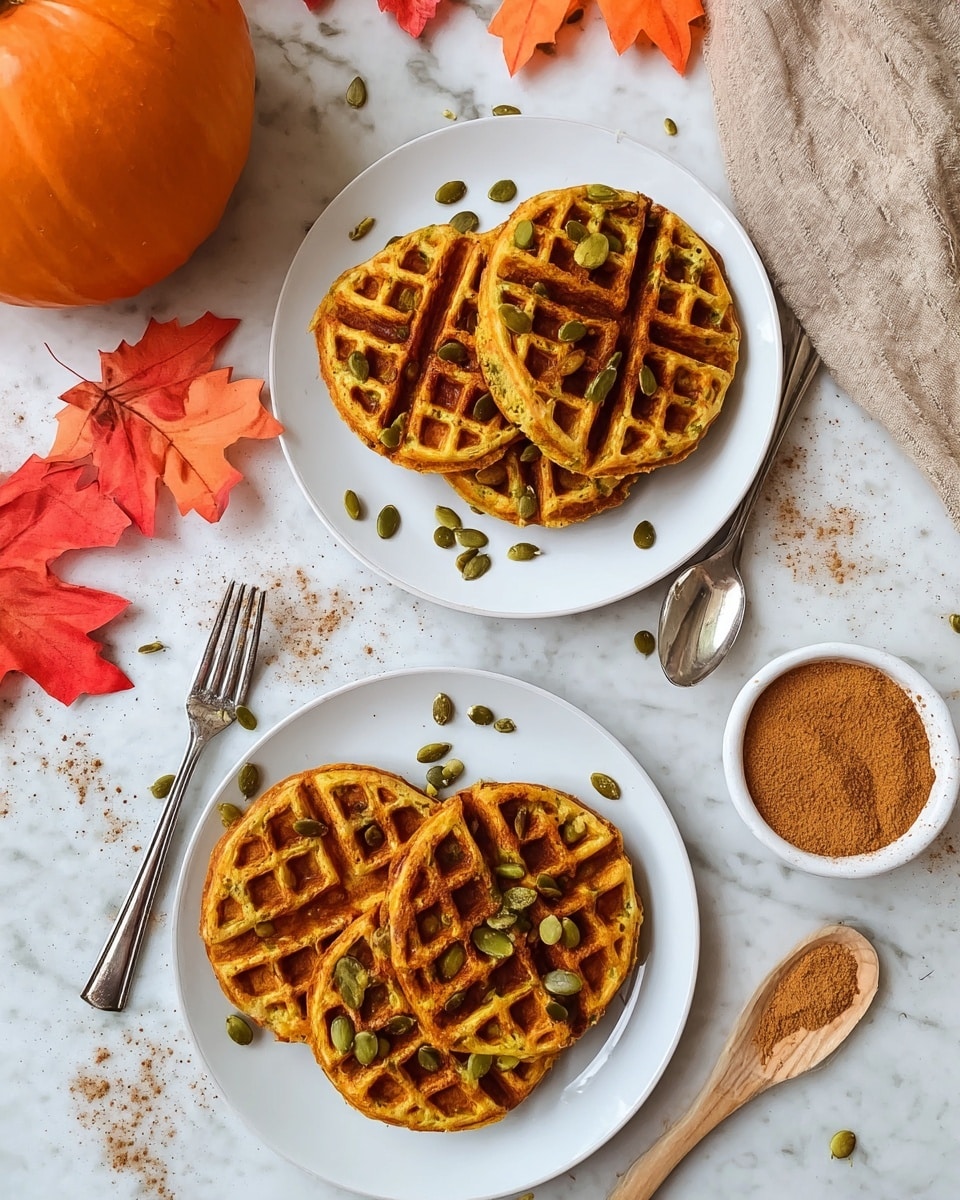 Two white plates sit on a white marbled surface, each holding four golden-brown waffles arranged slightly overlapping. The waffles have a classic grid pattern and are sprinkled with green pumpkin seeds and little specks of cinnamon powder on and around them. A silver fork rests on the left side of the bottom plate, while a silver spoon is placed on the right side of the top plate. To the left of the plates, there is a whole orange pumpkin and red-orange autumn leaves that add a colorful touch. On the right side of the image, a small white bowl holds brown cinnamon powder with a tiny wooden spoon inside. The whole scene has a cozy fall feel. photo taken with an iphone --ar 4:5 --v 7