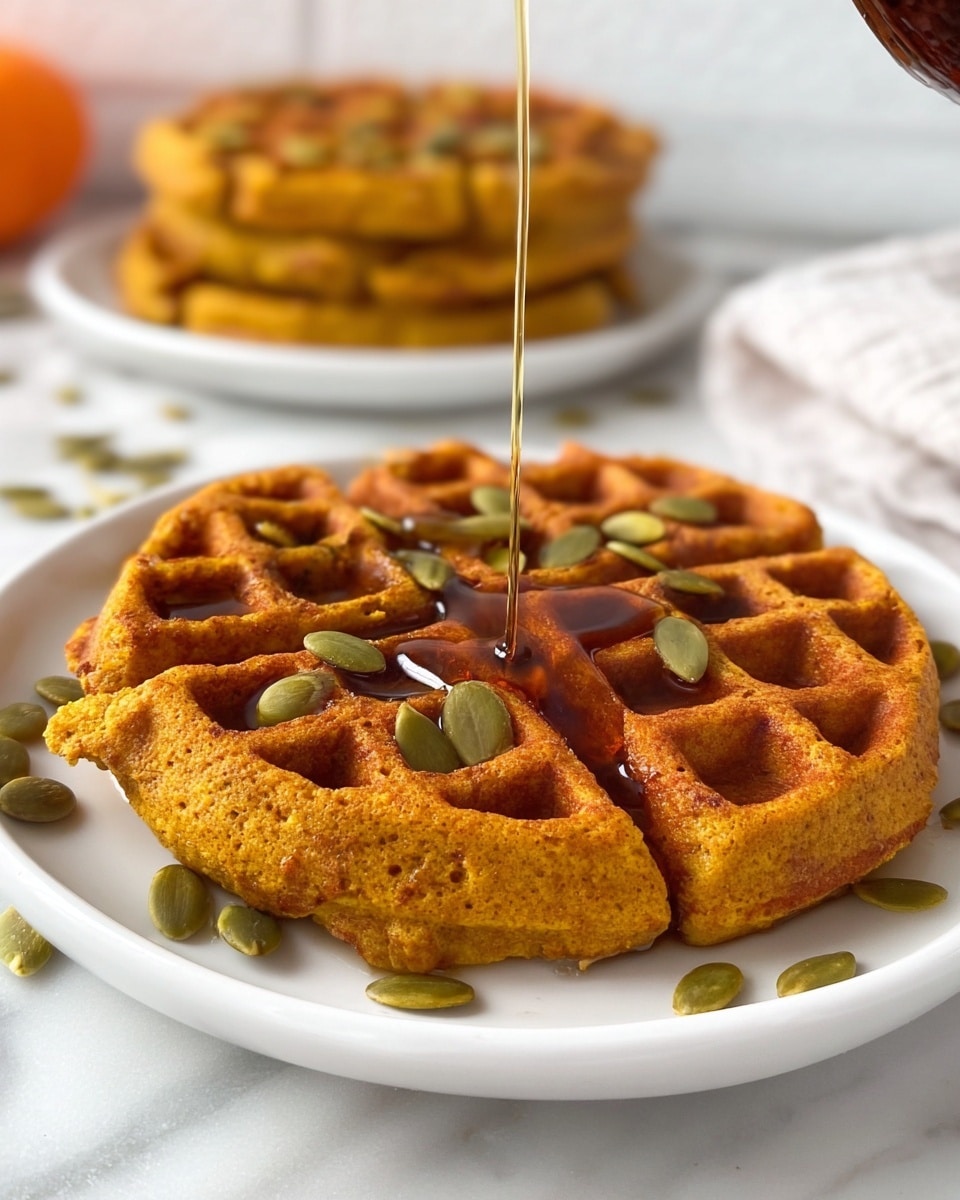 The image shows a close-up of a single golden brown waffle on a white plate. The waffle has a grid pattern with deep square pockets, and a rich, slightly toasted texture. Some green pumpkin seeds are scattered on top of the waffle and a few around the plate. A stream of syrup is being poured onto the middle-right side of the waffle, creating a shiny, sticky layer in part of the grid. In the background, there is another white plate with more waffles stacked. The whole scene sits on a white marbled surface with soft natural light. photo taken with an iphone --ar 4:5 --v 7
