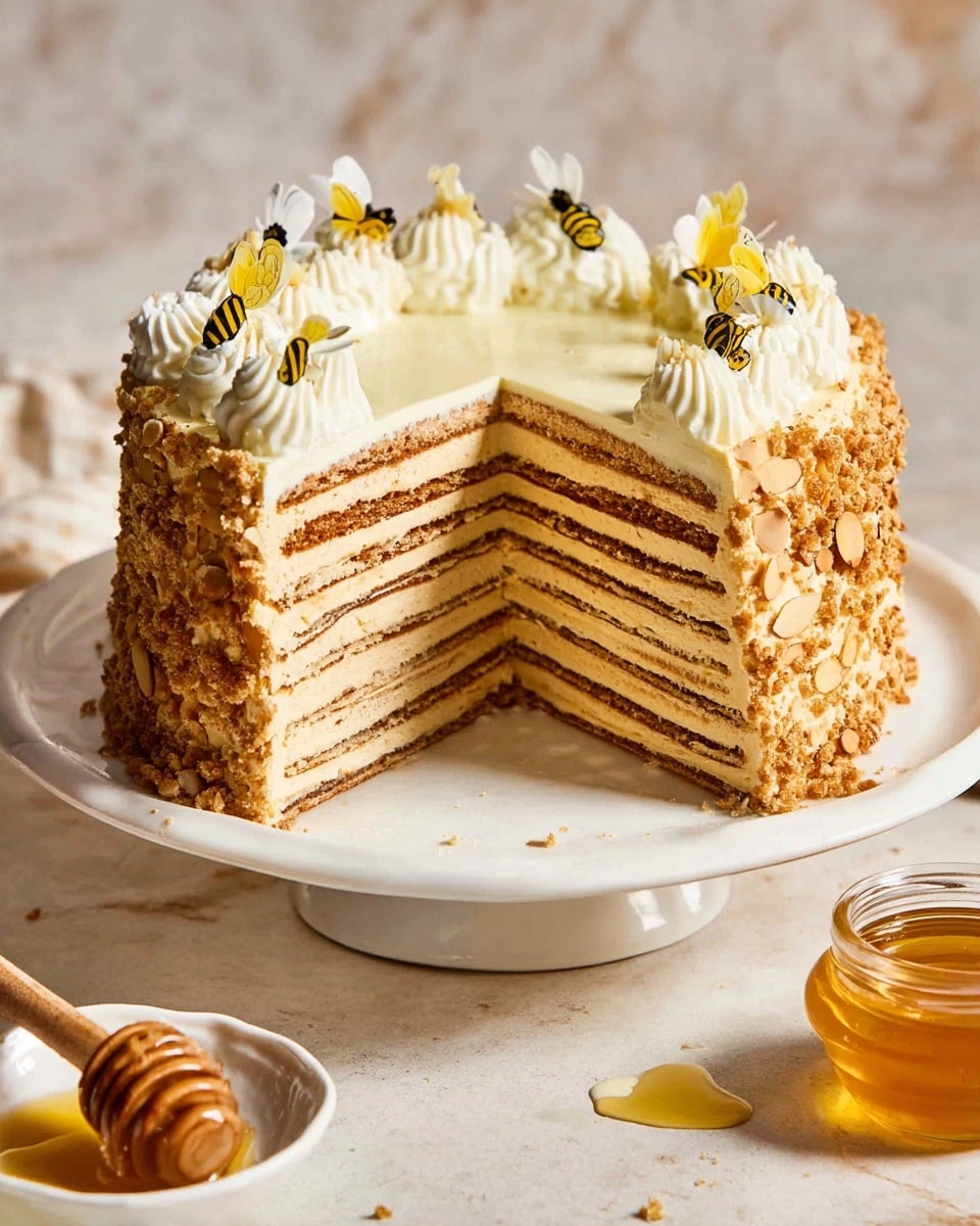 The image shows a round cake on a white cake stand, with a crumbly, nut-covered outer layer in light brown tones. On top of the cake, there is a ring of thick, creamy white frosting piped in swirls around the edge. Small yellow and black bee-shaped decorations, along with white petal-like pieces, are placed evenly on the frosting ring. The center of the cake has a smooth, light beige surface. The cake is set on a white marbled surface with soft lighting and blurred glass jars in the background. Photo taken with an iphone --ar 4:5 --v 7