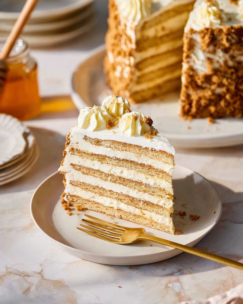 The image shows a slice of layered cake on a white plate. The cake has about eight light brown layers with creamy white frosting between each layer. The outside edge of the cake slice is covered with more white frosting, and decorative cream swirls are on top near the edges. A gold fork rests on the plate, partly inserted into the cake slice. In the background, the larger whole cake has similar layers and is edged with crunchy crumbs coating the side. The setting has a white marbled surface with a honey jar and dipper nearby. Photo taken with an iphone --ar 4:5 --v 7